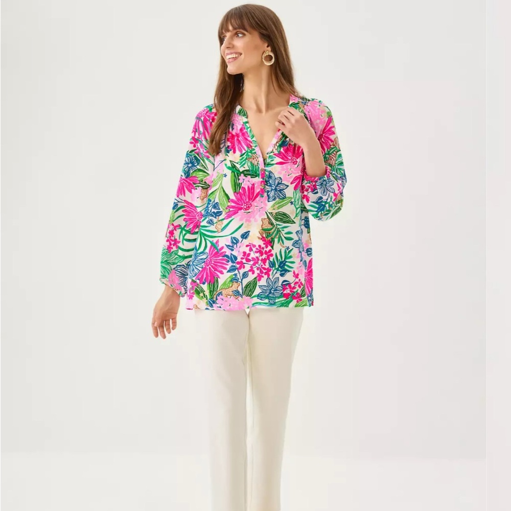 Lilly Pulitzer Elsa silk Pink and Green Floral Blouse